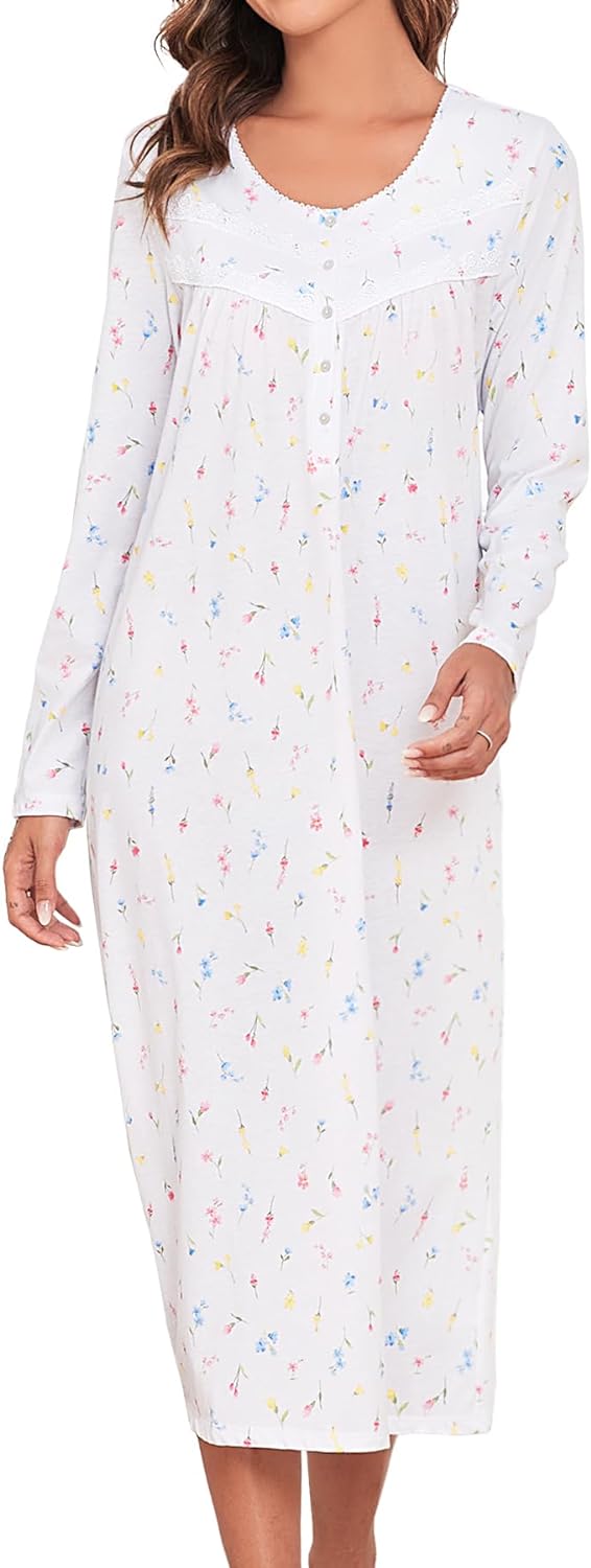 61xC_fl7wgL._AC_SL1500 Long Cotton Nightgown Women's Long Sleeve Sleepwear Full Length Night Dress Soft Comfy Loungewear