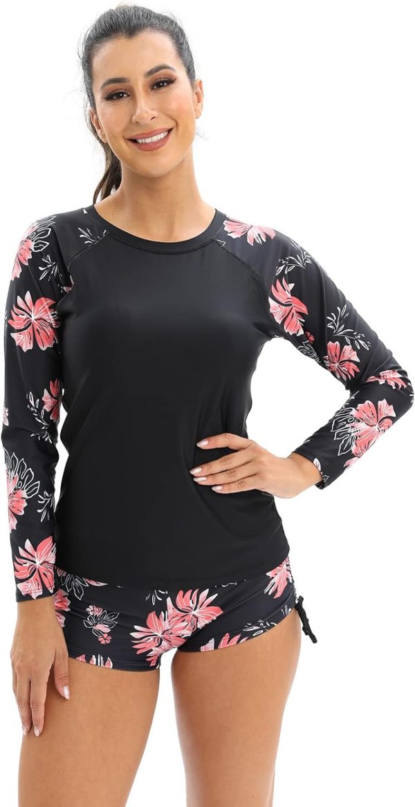 61xLETTSakL._AC_SL1500 Women 2 Piece Rash Guard Long Sleeve Swimsuits Swim Shirt with Shorts Set Sun Protection UPF 50+ Surf Bathing Suits