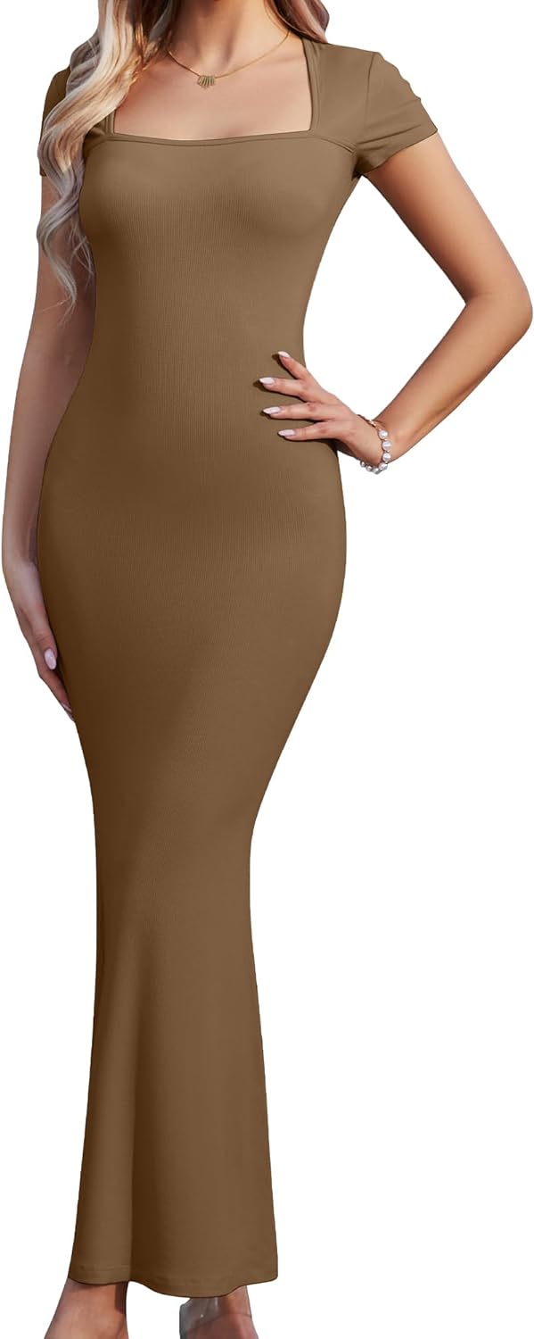 Women's Summer Casual Bodycon Maxi Dress Square Neck Short Sleeve Ribbed Dresses Cocktail Long Dress
