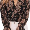 Womens Casual Boho Floral Print V Neck Long Sleeve Blouses Button Down Shirts Dressy Chiffon Loose Ruffle Tops