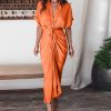 Women's Short Sleeve Satin Dress Button Down with Belt Maxi Shirt Dresses