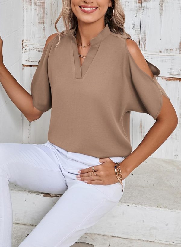 711lctCyR6L._AC_SL1500 Women's Cold Shoulder Tops Summer Fashion Short Sleeve V Neck Casual Loose Solid Color Blouse Shirts