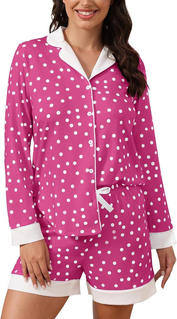 713m1B-9JXL._AC_SL1500 Button Down Pajamas Sets Women Two-Piece Satin Silk Pjs Sets Loungewear Long Sleeve Sleepwear Shorts Nightwear Sets