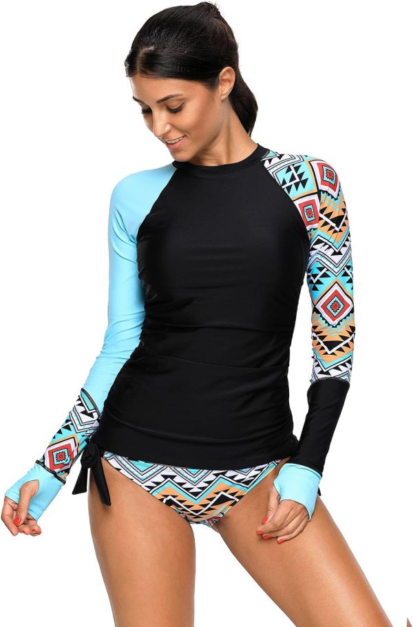 Women's Long Sleeves Rash Guard Athletic Swim Aztec Tankini Sets Swimsuit