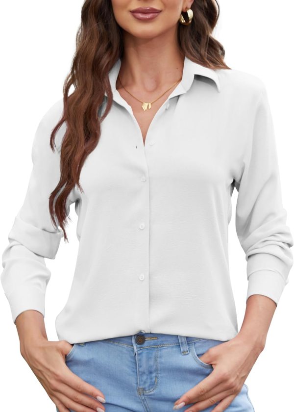 Womens Chiffon Blouses Button-Down Shirts Soft Tops Collared Casual Work Shirt XS-XXL