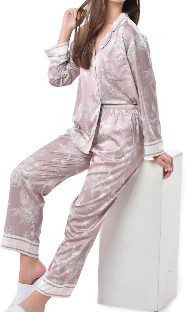 716SbIootDL._AC_SL1500 Women's Silky Satin Pajamas Set Long sleeve and Pants Sleepwear Soft and Comfy Button Down Loungewear Relaxed Fit