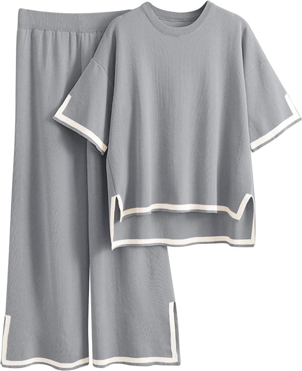 719Fav7by9L._AC_SL1500 Womens Knit 2 Piece Sweater Sets Short Sleeve Pullover Tops Elastic Waist Wide Leg Pants Lounge Set