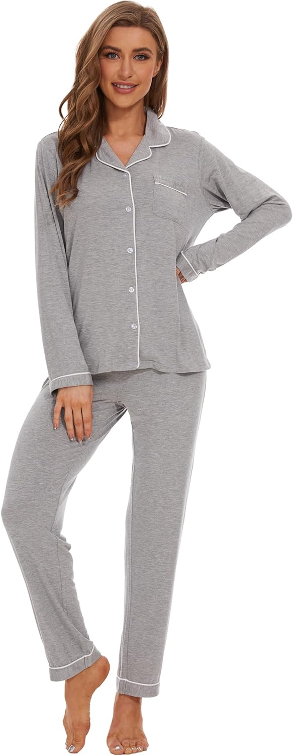 719lzprAaxL._AC_SL1500 Button Up Pajamas for Women Long Sleeve Sleepwear Soft Loungewear Ladies Pjs Set XS-XXL