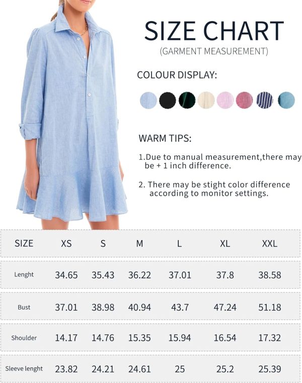 71Ac5nrNswL._AC_SL1500 Women's Tunic Mini Shirt Dress Cotton Long Sleeve Ruffle Hem Dress Button Up Shift Chambray Dresses