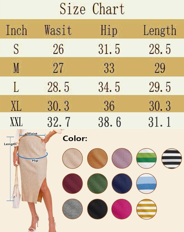 Midi Pencil Basic Skirt Casual Solid Split Side Stretchy Ribbed Knit Bodycon Mid Length Skirts for Women