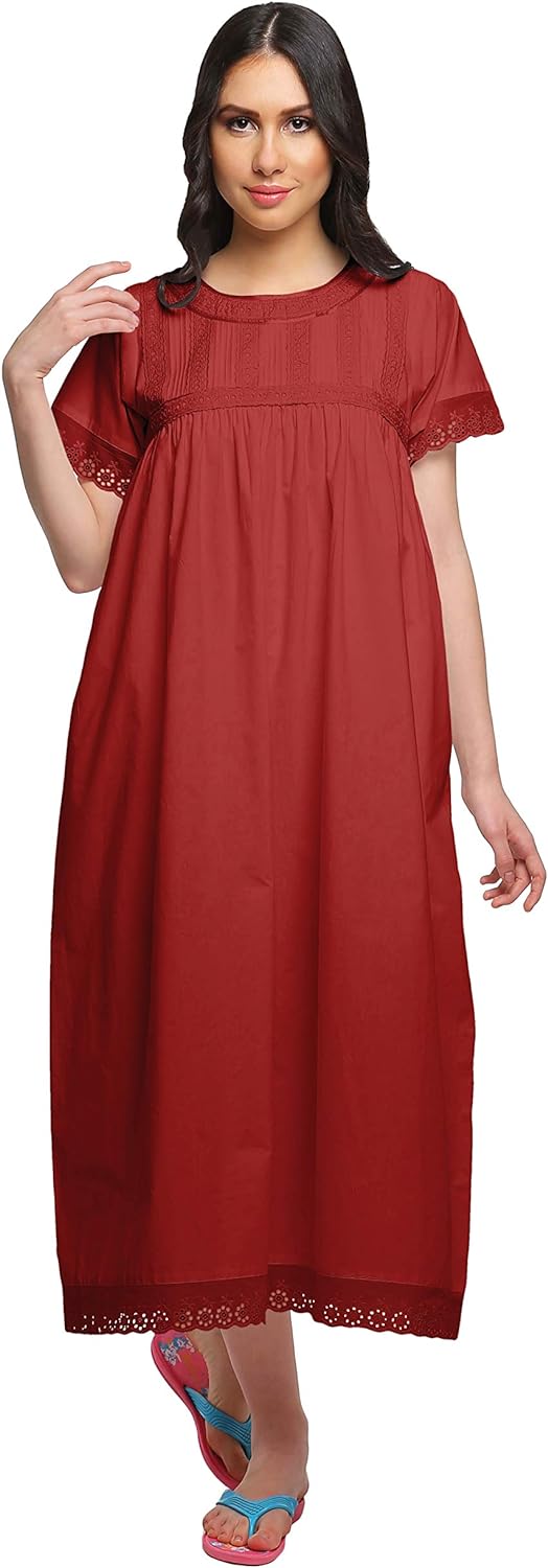 71Bon2qCWML._AC_SL1500 Lace Neckline Cotton Sleepwear For Ladies Womens Round Neck Nightdress
