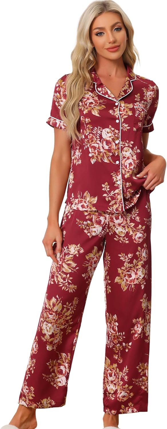 Womens Satin Floral Sleepwear Short Sleeves Button Down Tops with Pants Lounge Pajamas Sets