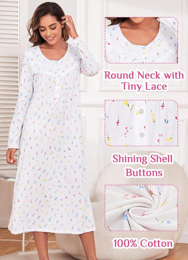 71DBMqnVLSL._AC_SL1500 Long Cotton Nightgown Women's Long Sleeve Sleepwear Full Length Night Dress Soft Comfy Loungewear
