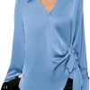 Women's Satin Silk Blouses Wrap V Neck Shirts Long Sleeve Elegant Tie Waist Office Formal Work Tunic Pullover Tops