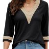 Women's Casual 3/4 Sleeve Shirts Lace V Neck Color Block Dressy Tops Trendy Hollow Floral Blouses T Shirts S-XXL