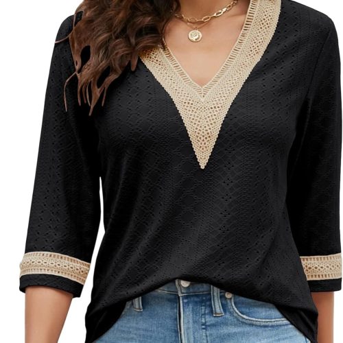71DMD_kUQFL._AC_SL1500 Women's Casual 3/4 Sleeve Shirts Lace V Neck Color Block Dressy Tops Trendy Hollow Floral Blouses T Shirts S-XXL