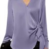 Women's Satin Silk Blouses Wrap V Neck Shirts Long Sleeve Elegant Tie Waist Office Formal Work Tunic Pullover Tops