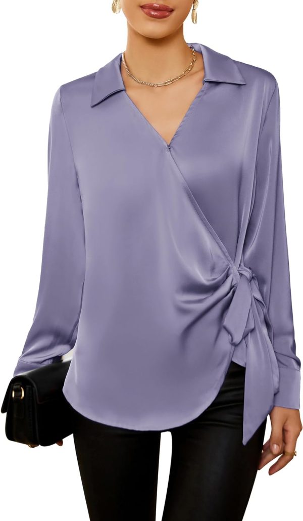 Women's Satin Silk Blouses Wrap V Neck Shirts Long Sleeve Elegant Tie Waist Office Formal Work Tunic Pullover Tops