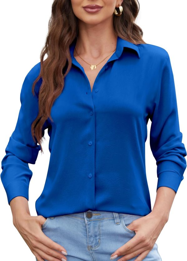 Womens Chiffon Blouses Button-Down Shirts Soft Tops Collared Casual Work Shirt XS-XXL