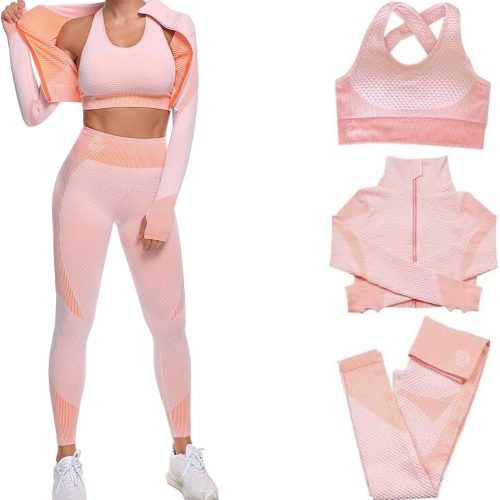 71Er2MxBXSL._AC_SL1500 Women's 3 PC Seamless Gym Clothing Workout Outfit with Jacket Bra & Leggings Set