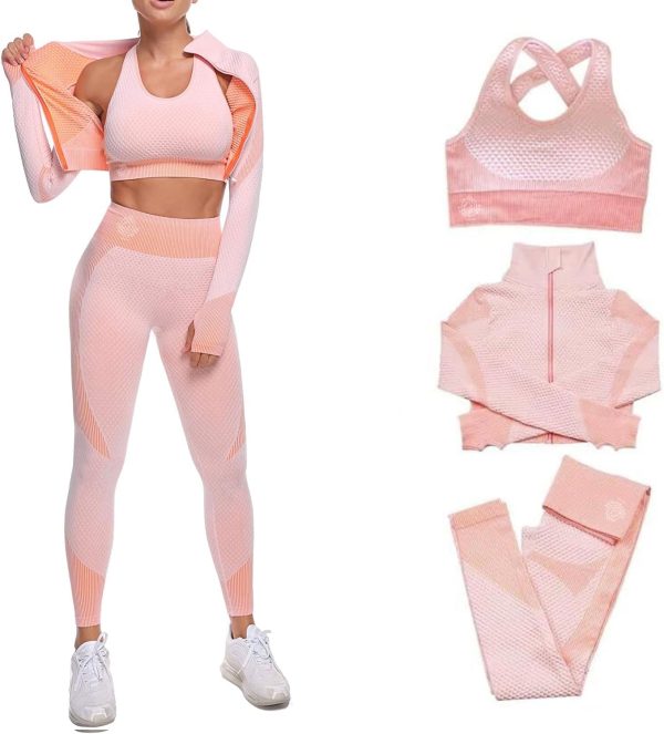 71Er2MxBXSL._AC_SL1500 Women's 3 PC Seamless Gym Clothing Workout Outfit with Jacket Bra & Leggings Set