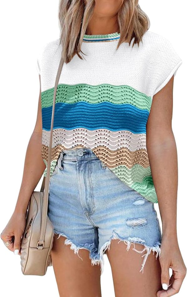 71F0da-i7XL._AC_SL1500 Womens Cap Sleeve Sweater Vest Summer Tops Sleeveless Tank Tops 2024 Trendy Spring Clothes Striped Short Sleeve Shirts