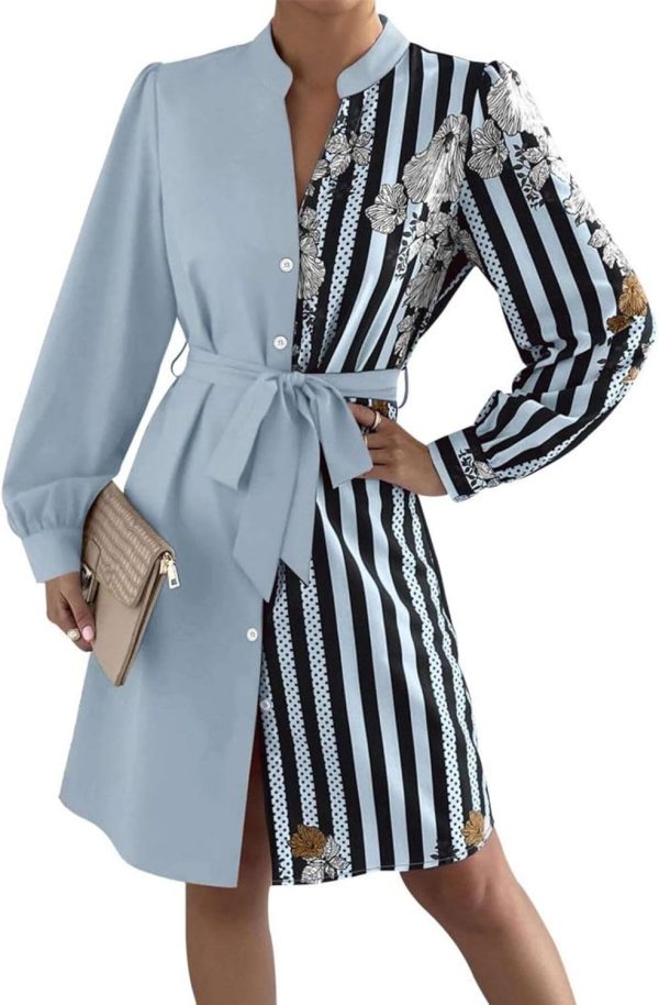 Womens Button Down Shirt Dresses with Belt Button Up Tunics Long Sleeve Blouse Tops