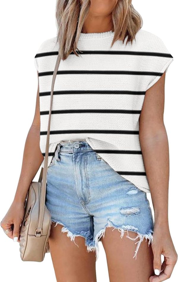 71GLNOkeJNL._AC_SL1500 Womens Cap Sleeve Sweater Vest Summer Tops Sleeveless Tank Tops 2024 Trendy Spring Clothes Striped Short Sleeve Shirts