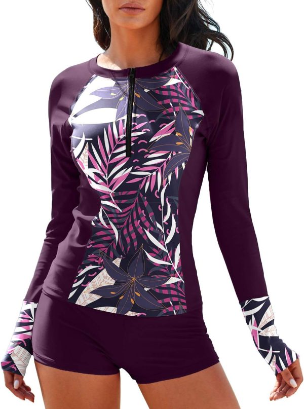 Women Two Piece Rash Guard Long Sleeve Half-Zipper UPF 50 Athletic Surfing Swimsuit