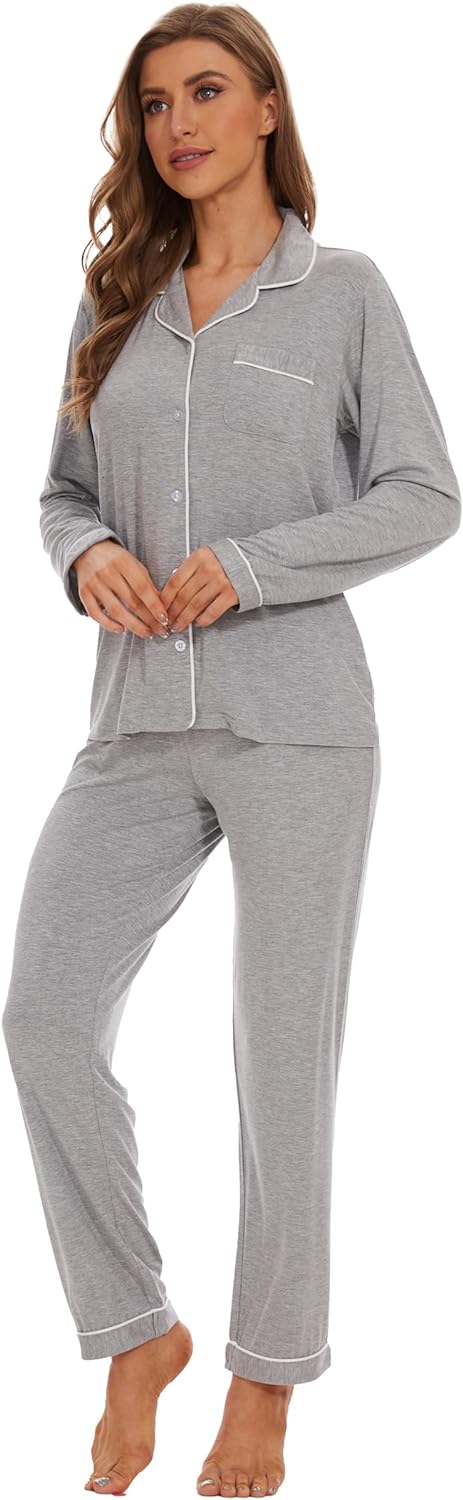 71HJZct2w4L._AC_SL1500 Button Up Pajamas for Women Long Sleeve Sleepwear Soft Loungewear Ladies Pjs Set XS-XXL