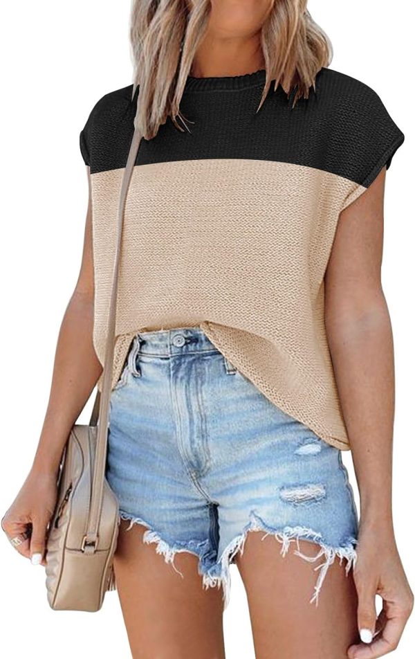 71Hf_mUArML._AC_SL1500 Womens Cap Sleeve Sweater Vest Summer Tops Sleeveless Tank Tops 2024 Trendy Spring Clothes Striped Short Sleeve Shirts