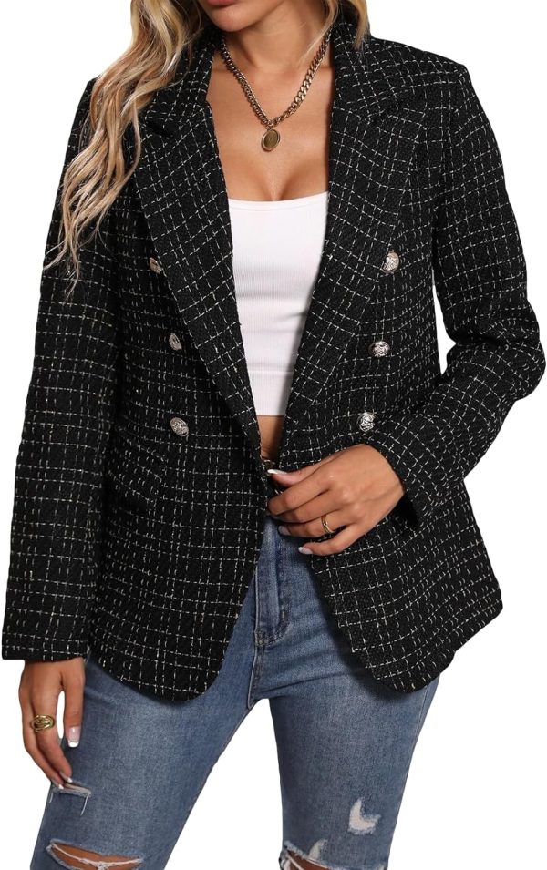 Womens Casual Blazer 2024 Spring Open Front Business Work Tweed Plaid Jacket Suit Pocket (S-XXL)