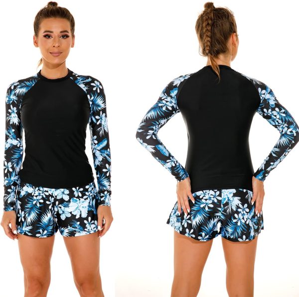 Women's Long Sleeves Rash Guard Athletic Swim Aztec Tankini Sets Swimsuit