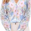 Womens Casual Boho Floral Print V Neck Long Sleeve Blouses Button Down Shirts Dressy Chiffon Loose Ruffle Tops