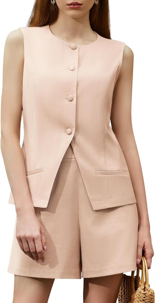 Women's Summer 2 Piece Outfits Sleeveless Round Neck Button Down High Waisted Pants 2024 Business Work Sets