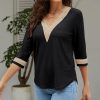 Women's Casual 3/4 Sleeve Shirts Lace V Neck Color Block Dressy Tops Trendy Hollow Floral Blouses T Shirts S-XXL