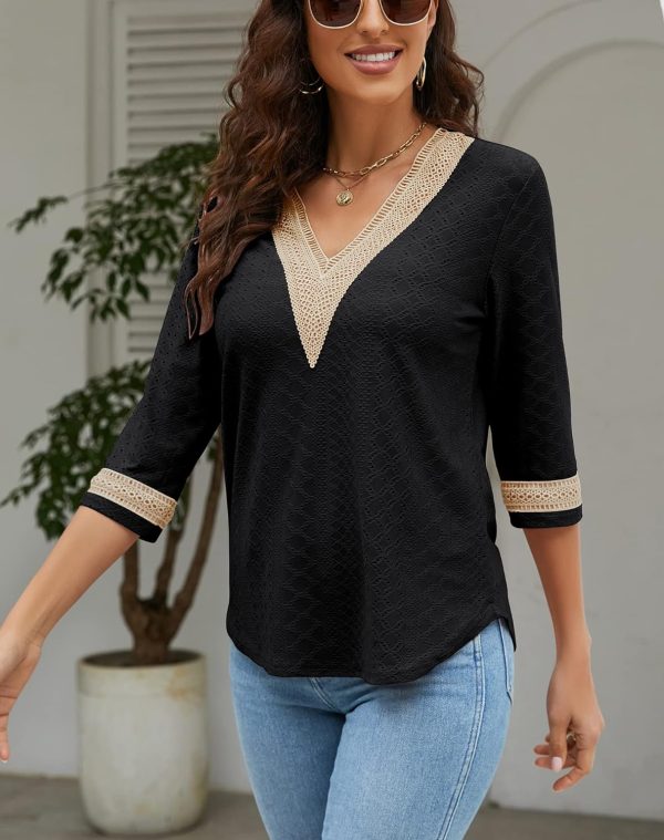 Women's Casual 3/4 Sleeve Shirts Lace V Neck Color Block Dressy Tops Trendy Hollow Floral Blouses T Shirts S-XXL