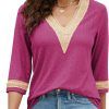 Women's Casual 3/4 Sleeve Shirts Lace V Neck Color Block Dressy Tops Trendy Hollow Floral Blouses T Shirts S-XXL