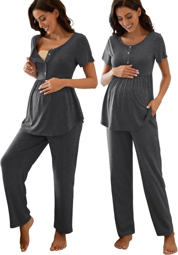 Women's Maternity Nursing Pajama Set Breastfeeding Loungewear Mama Clothes Short Sleeve Top & Pants Pregnancy PJS