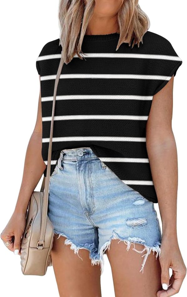 71Mnt9e92aL._AC_SL1500 Womens Cap Sleeve Sweater Vest Summer Tops Sleeveless Tank Tops 2024 Trendy Spring Clothes Striped Short Sleeve Shirts