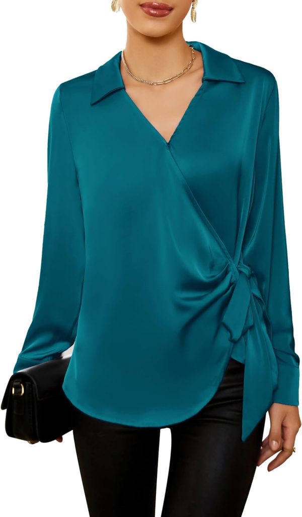 Women's Satin Silk Blouses Wrap V Neck Shirts Long Sleeve Elegant Tie Waist Office Formal Work Tunic Pullover Tops