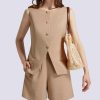 Women's Summer 2 Piece Outfits Sleeveless Round Neck Button Down High Waisted Pants 2024 Business Work Sets