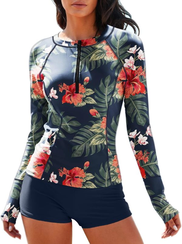 Women Two Piece Rash Guard Long Sleeve Half-Zipper UPF 50 Athletic Surfing Swimsuit