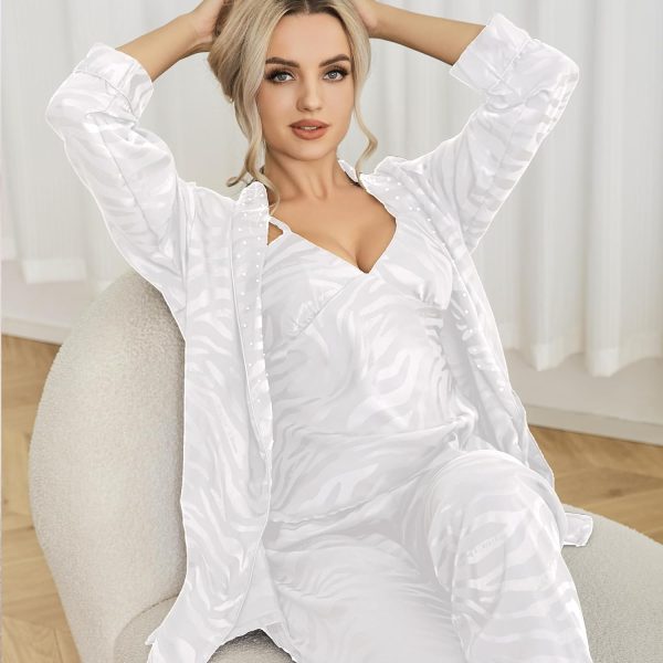 Womens Silk Satin Pajama Sets,Zebra Strips Comfy Robe and Pants Women Pajamas,Silky Camisole Woman Pjs Set 3 Pieces