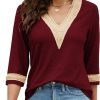 Women's Casual 3/4 Sleeve Shirts Lace V Neck Color Block Dressy Tops Trendy Hollow Floral Blouses T Shirts S-XXL