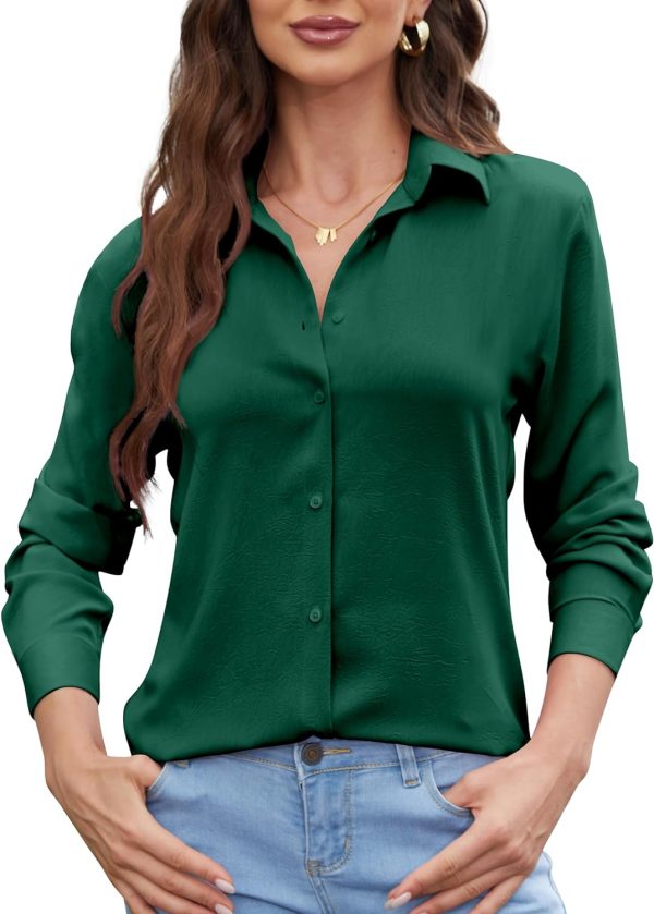 Womens Chiffon Blouses Button-Down Shirts Soft Tops Collared Casual Work Shirt XS-XXL