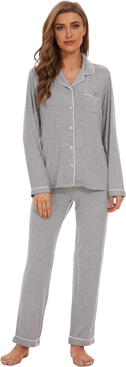 71PnSROJcCL._AC_SL1500 Button Up Pajamas for Women Long Sleeve Sleepwear Soft Loungewear Ladies Pjs Set XS-XXL