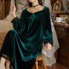 Women's Long Sleeve Nightgown Velvet Sleep Dress Ruffle Crew Neck Mid-length Nightdress