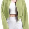 Women's Full Zip Fleece Short Jacket Oversized Athletic Running Long Sleeve Stand Collar Crop Warm Sherpa Coat