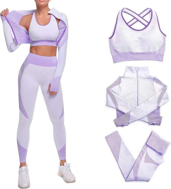 71SWvi0OxuL._AC_SL1500 Women's 3 PC Seamless Gym Clothing Workout Outfit with Jacket Bra & Leggings Set